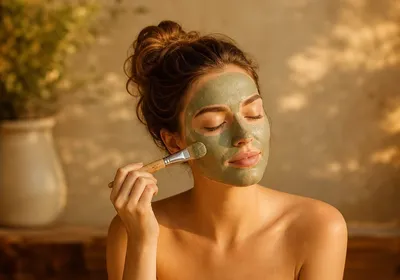 Application d'un masque d'argile verte au pinceau