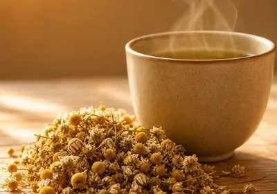 Tas de fleurs de camomille séchées à côté d'une tasse fumante