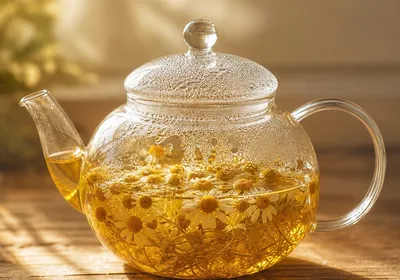 Théière en verre avec des fleurs de camomille en train d'infuser