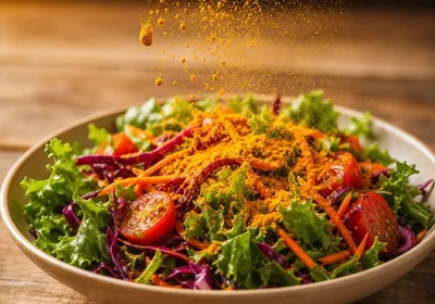Curcuma en poudre saupoudré sur une salade colorée