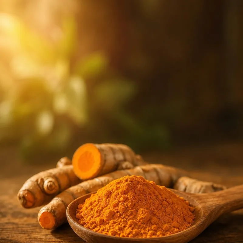 Racine et poudre de curcuma sur une cuillère en bois