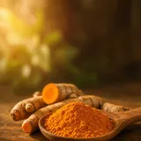 Racine et poudre de curcuma sur une cuillère en bois