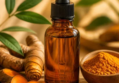 Flacon d'huile essentielle de curcuma avec rhizome et poudre