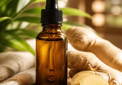 Flacon d'huile essentielle de gingembre avec rhizome frais