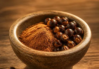 Graines et poudre de guarana dans un bol en pierre