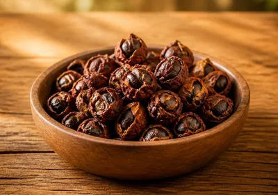 Graines séchées de guarana dans un bol en bois