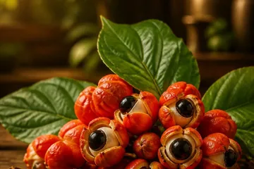 Fruits de guarana ouverts et poudre de guarana dans un bol en bois
