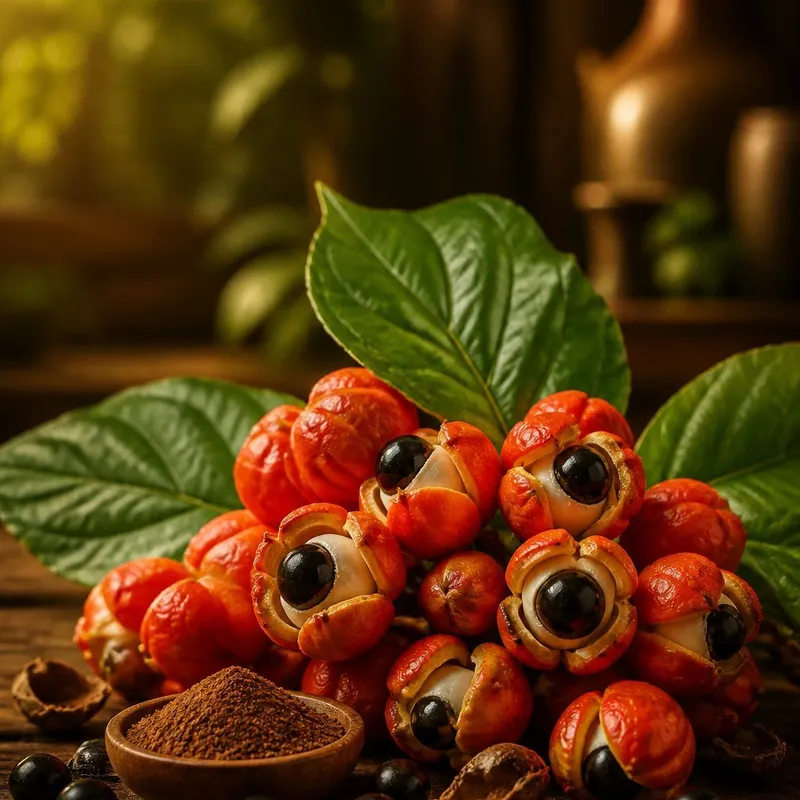 Fruits de guarana ouverts et poudre de guarana dans un bol en bois