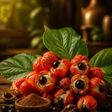 Fruits de guarana ouverts et poudre de guarana dans un bol en bois
