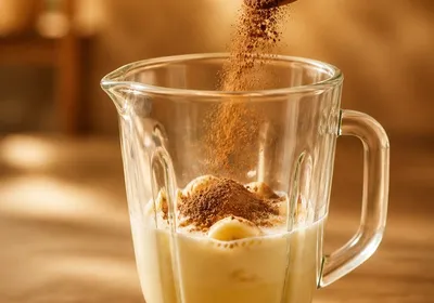 Poudre de guarana versée à la cuillère dans un smoothie