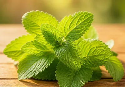 Feuilles de mélisse fraîche éclairées par la lumière naturelle