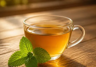 Tisane de mélisse dans une tasse en verre sur une table en bois