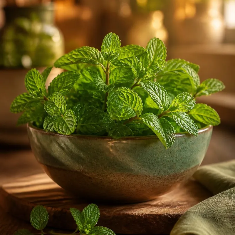Brins de menthe fraîche dans un bol en cuisine