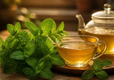 Tisane de menthe apaisante à côté de feuilles fraîches